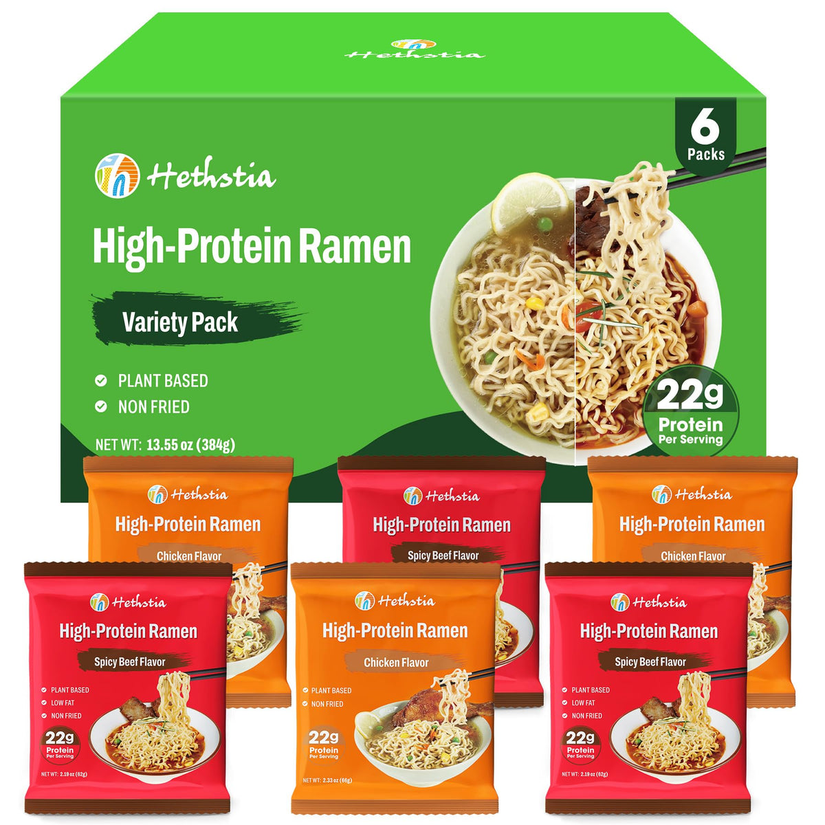 Hethstia front packaging showing six plant-based ramen servings and variety