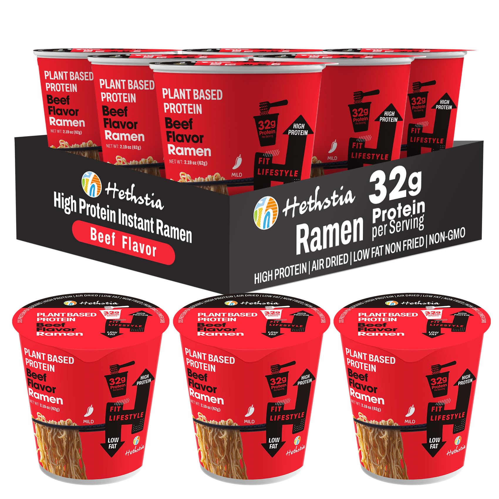Hethstia front packaging cup showing branding and quick protein benefit