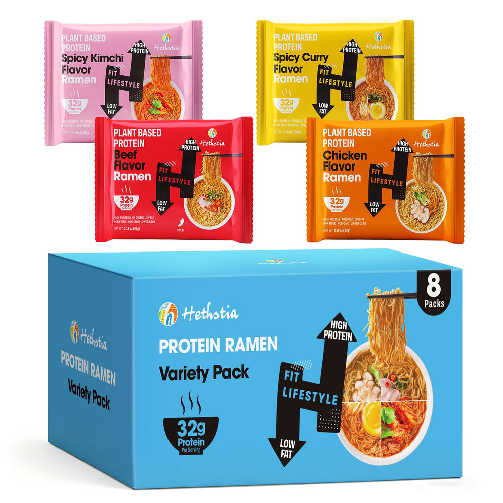 Hethstia front packaging showing 8-pack variety and protein claim for easy selection