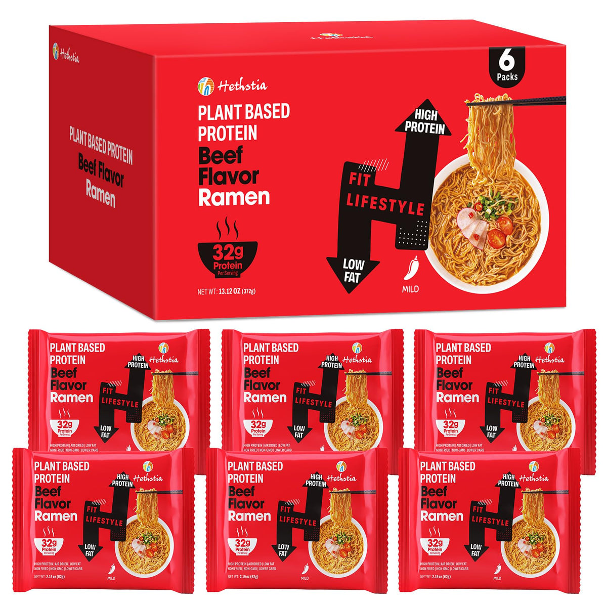 Hethstia front packaging showing protein-packed vegan ramen, communicates convenience