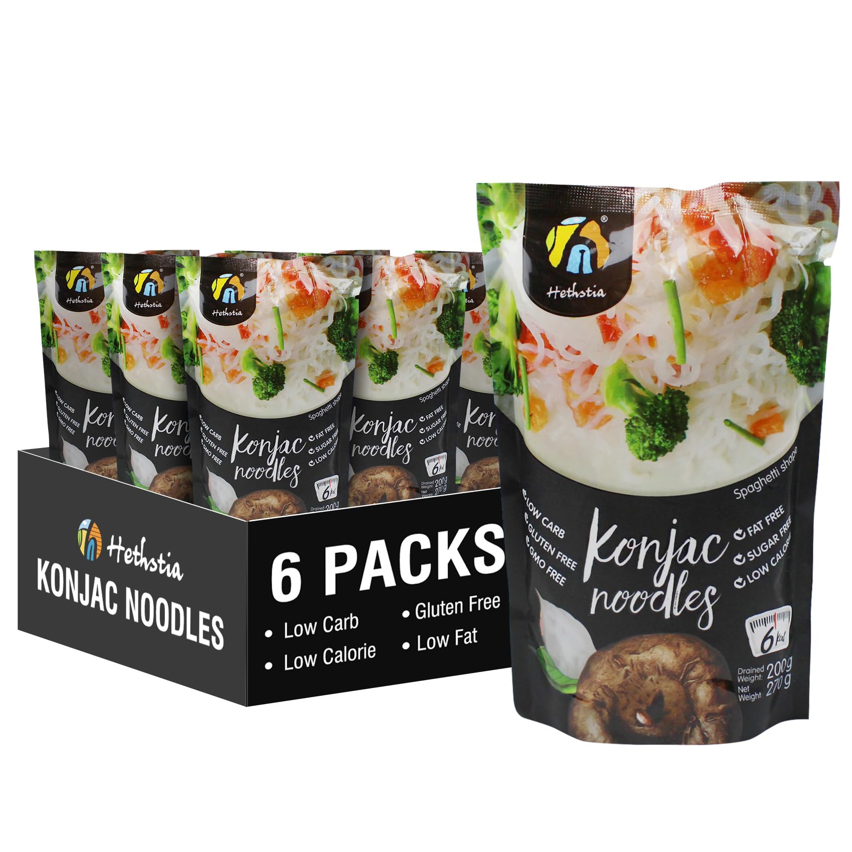Hethstia front packaging of six ready-to-eat shirataki spaghetti, convenient pantry staple