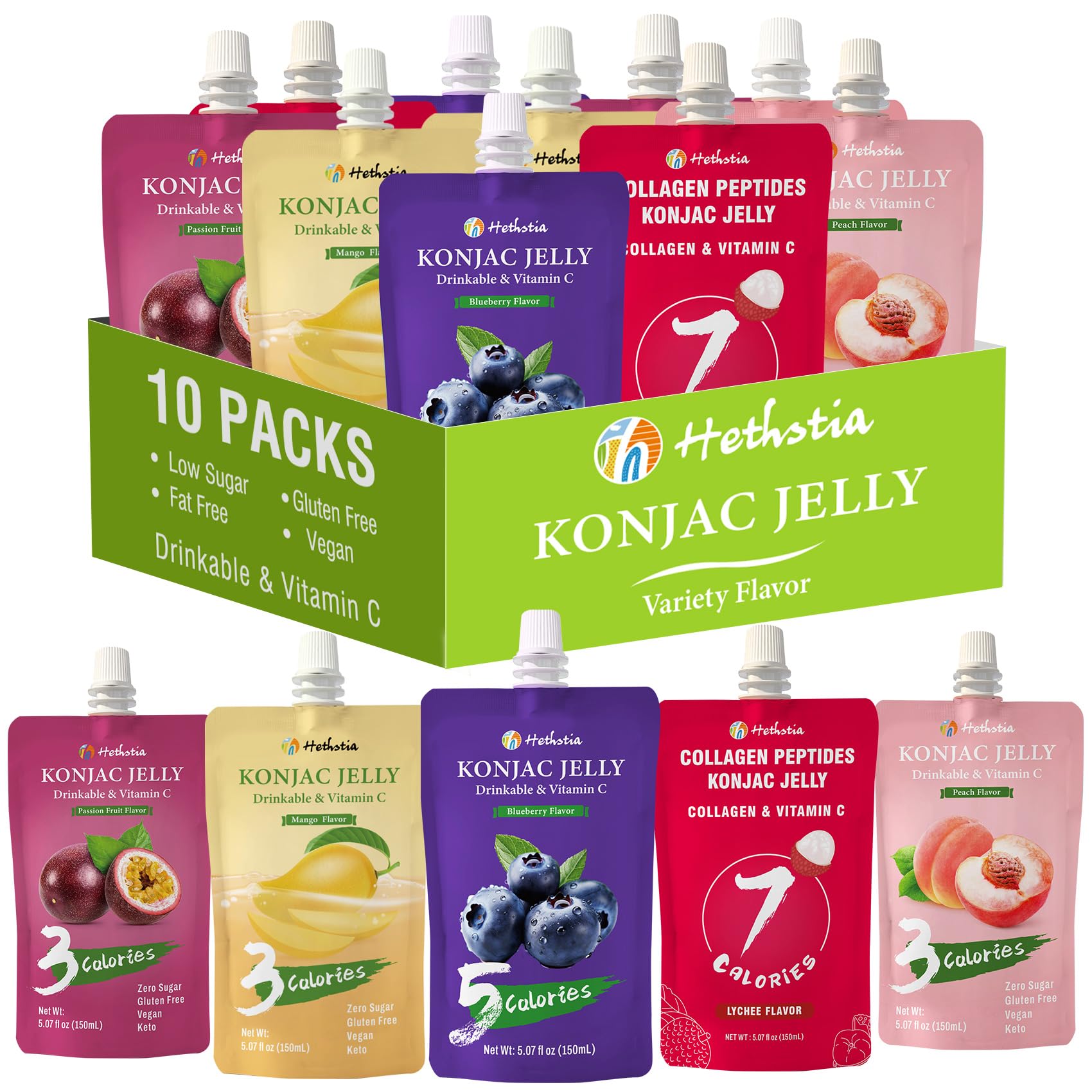 Hethstia front packaging showing 10-pouch variety pack and benefits