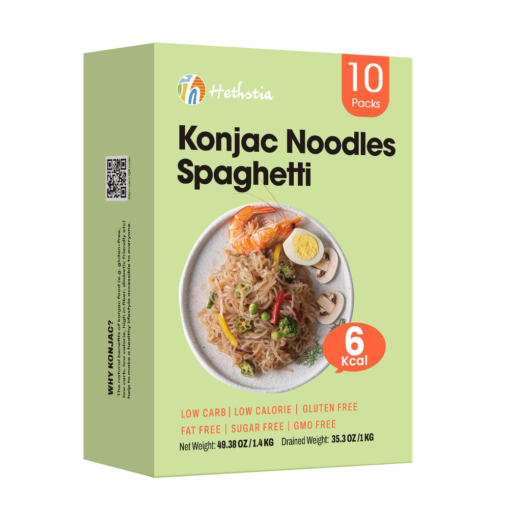 Hethstia front packaging showing gluten-free konjac noodles and branding benefit