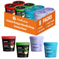 Hethstia front packaging showing four-flavor variety and convenient cups benefit: quick meals