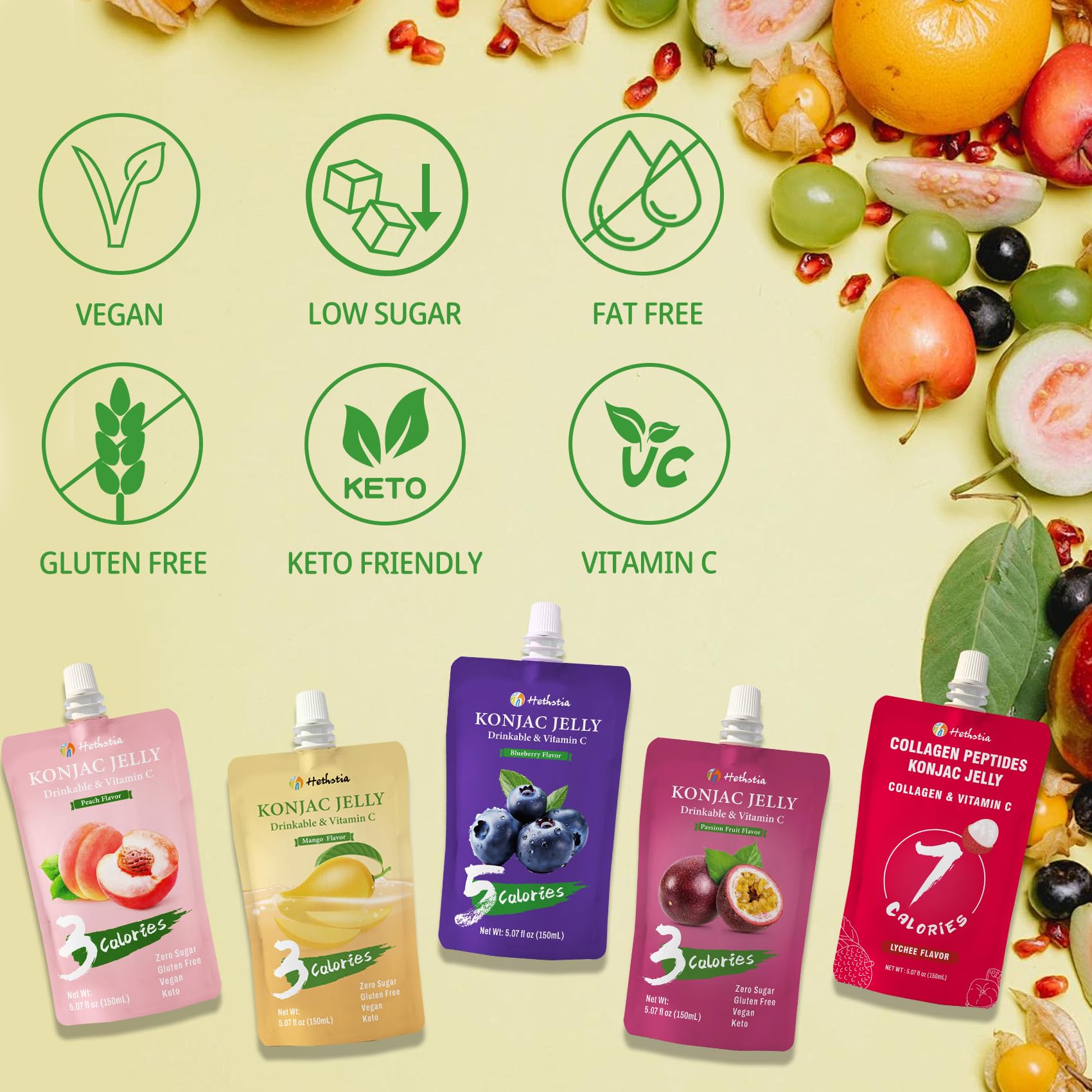 Hethstia lychee pouch label showing collagen peptide benefit