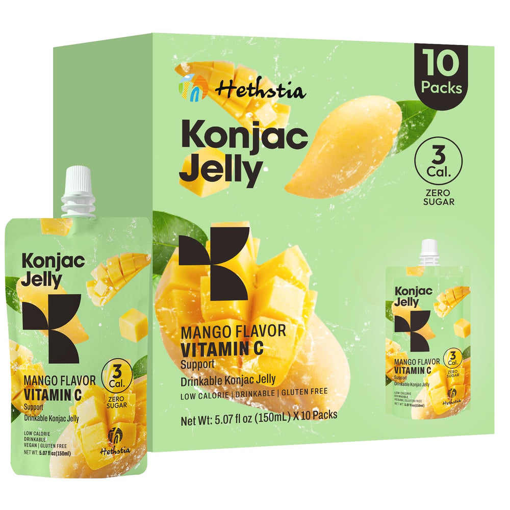 Hethstia front packaging showing 10 mango squeeze pouches and benefits