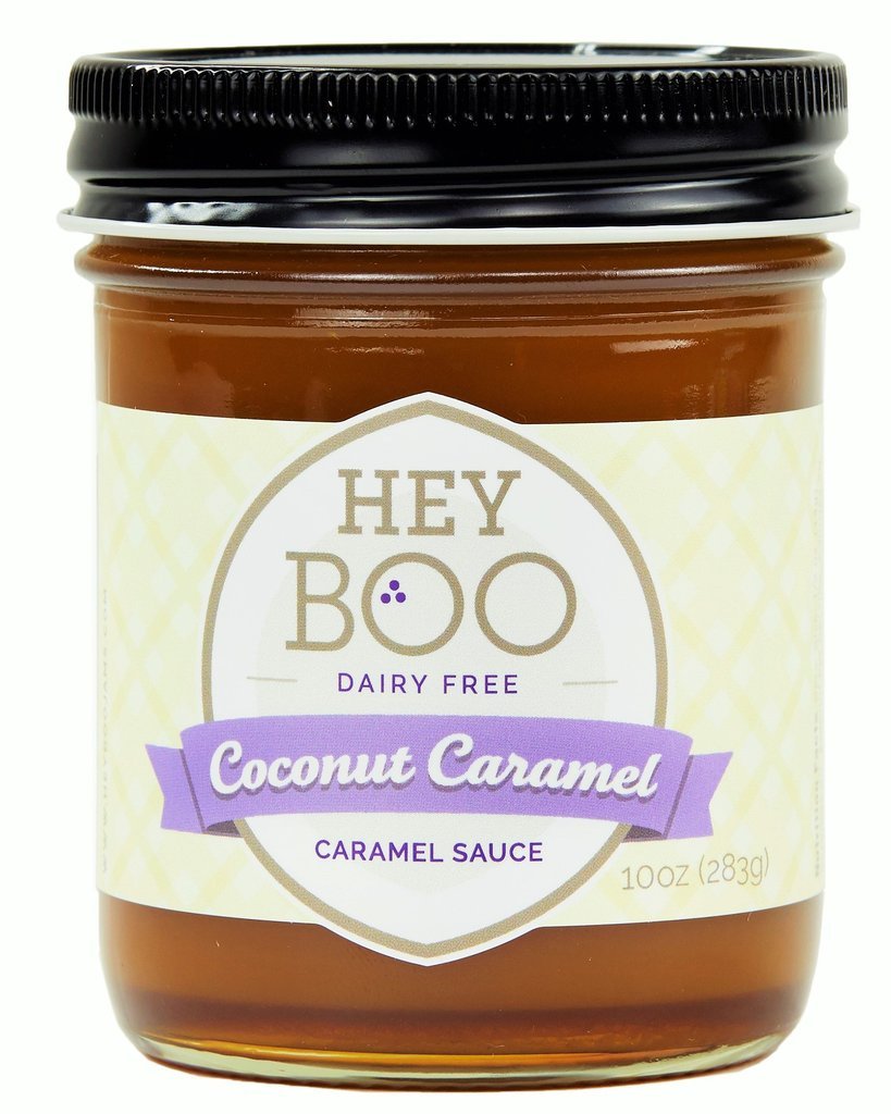 Hey Boo front jar shot showing label and vegan caramel topping benefit