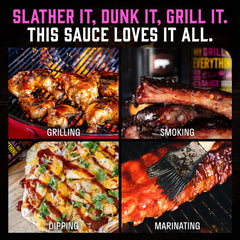 Hey Grill Hey bottle on grill rack demonstrating grilling-ready convenience