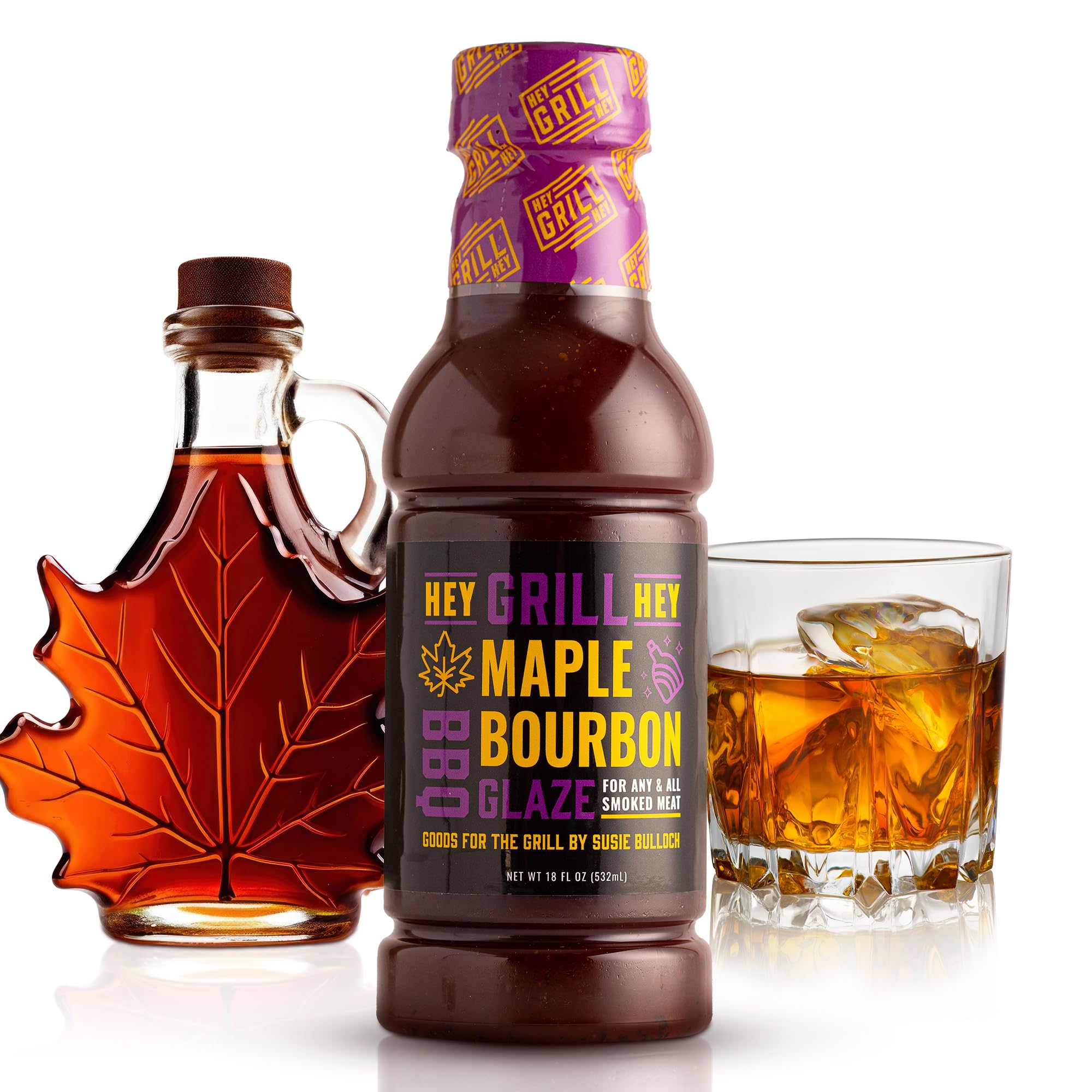 Hey Grill Hey front bottle showing maple bourbon glaze branding and sticky appeal