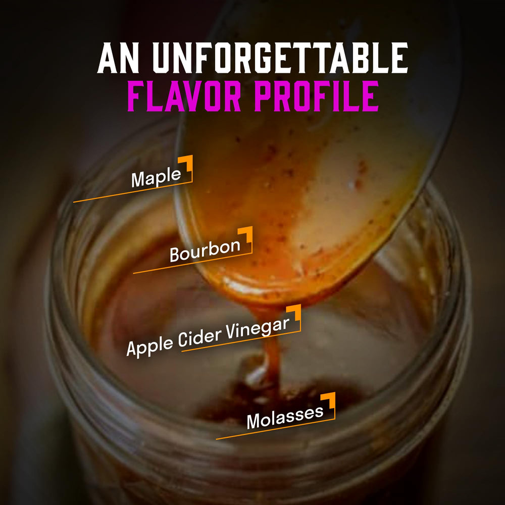Hey Grill Hey label detail showing pitmaster-crafted Maple Bourbon flavor