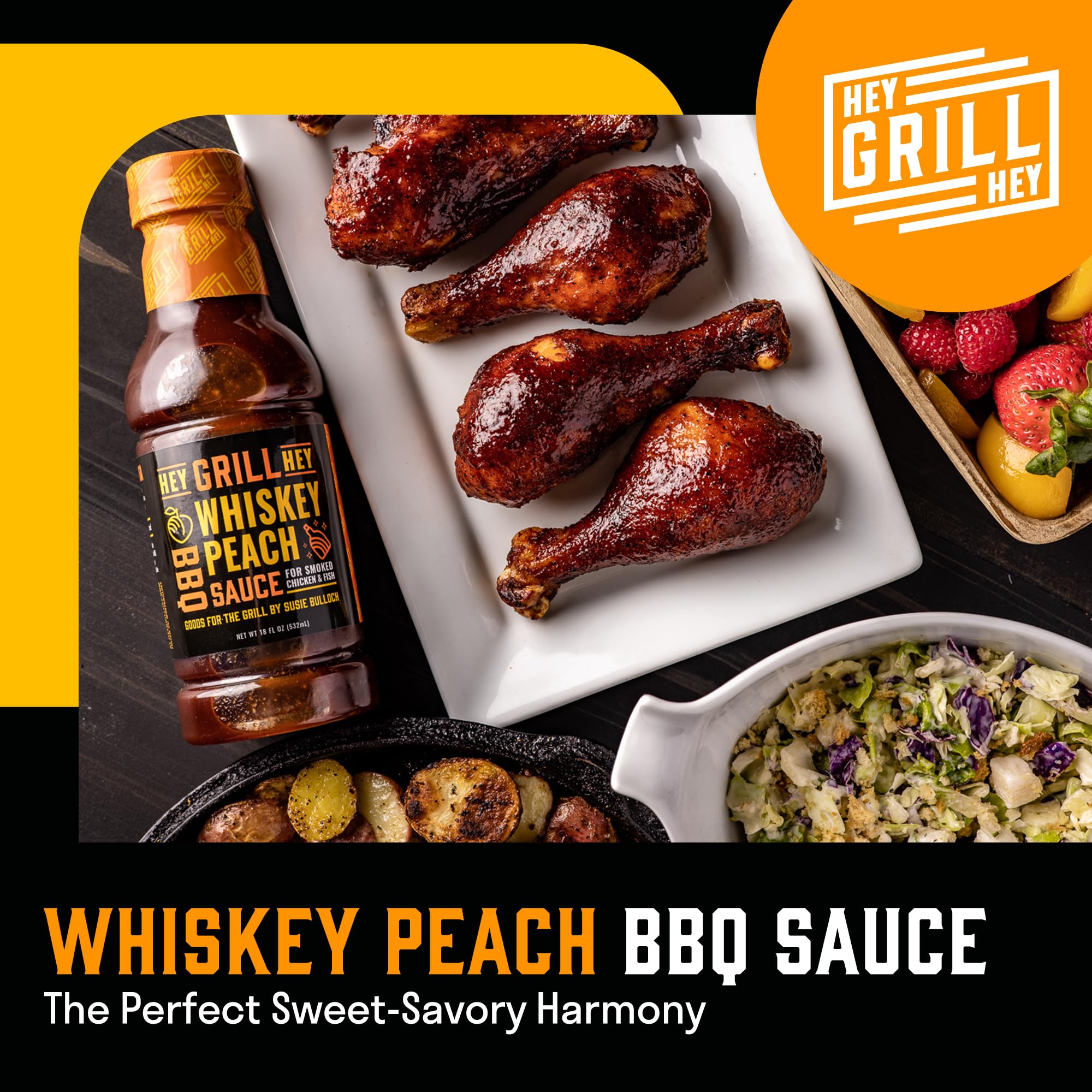 Hey Grill Hey bottle pictured at an angle highlighting glossy label and cap