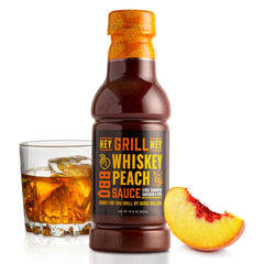 Hey Grill Hey bottle front label showing whiskey peach flavor and bold design