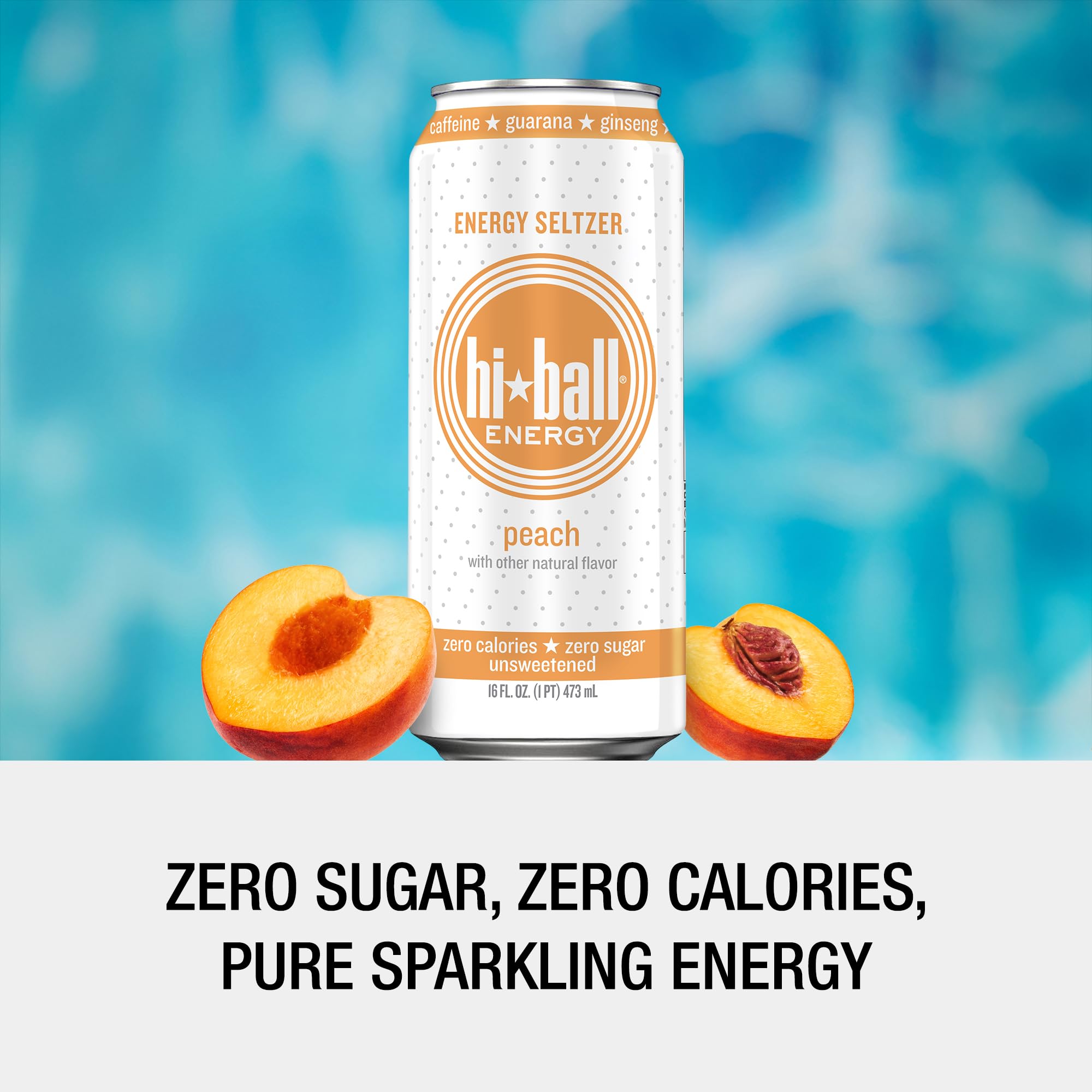 hi ball close-up of peach can label highlighting organic caffeine
