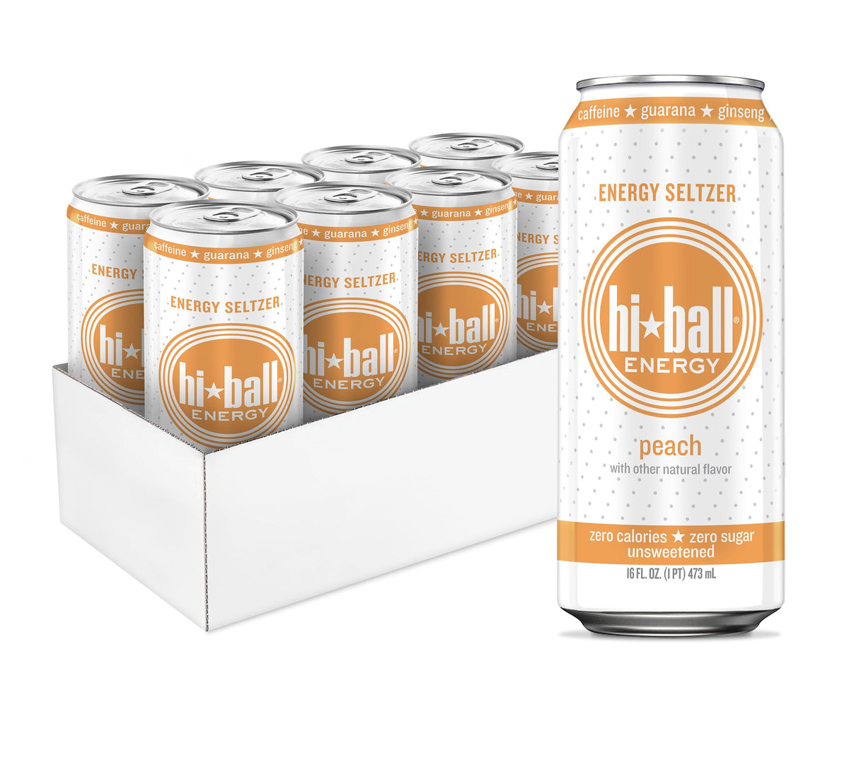 hi ball front packaging 8-pack showing peach cans and convenience