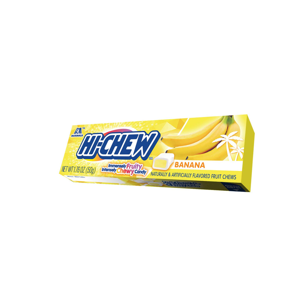 HI-CHEW banana chew texture detail illustrating elastic bite and lasting flavor