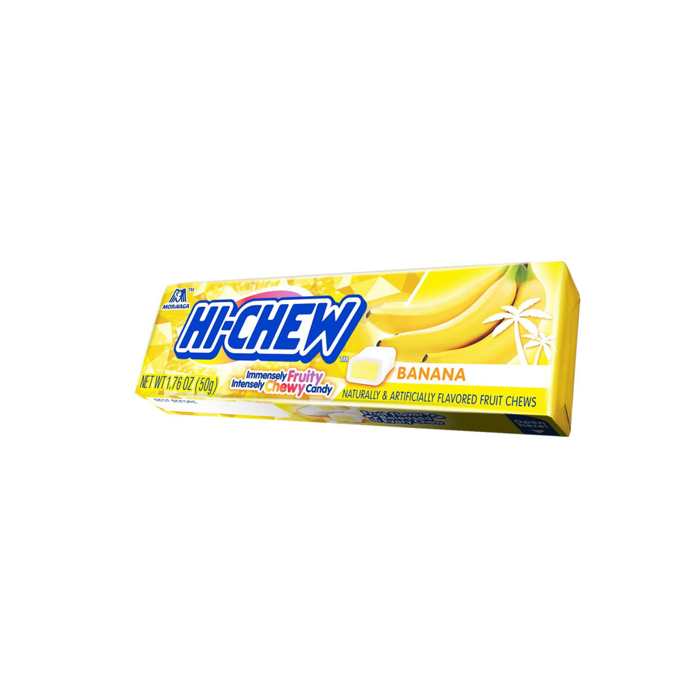 HI-CHEW unwrapped banana piece closeup showing soft chew and real fruit look