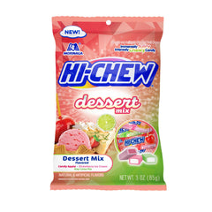 HI-CHEW front packaging showing three dessert flavors and shareable bags benefit convenience