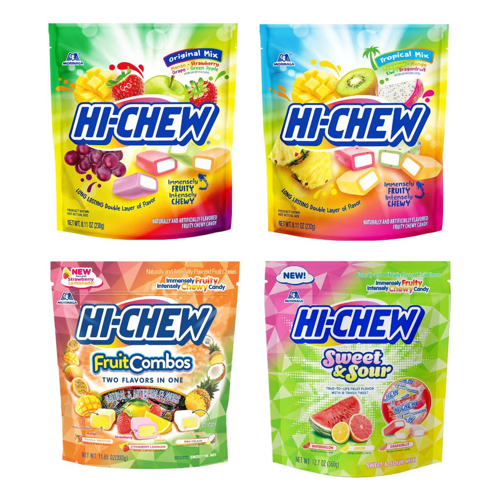 HI-CHEW front packaging showing four pouches and bulk quantity for easy sharing