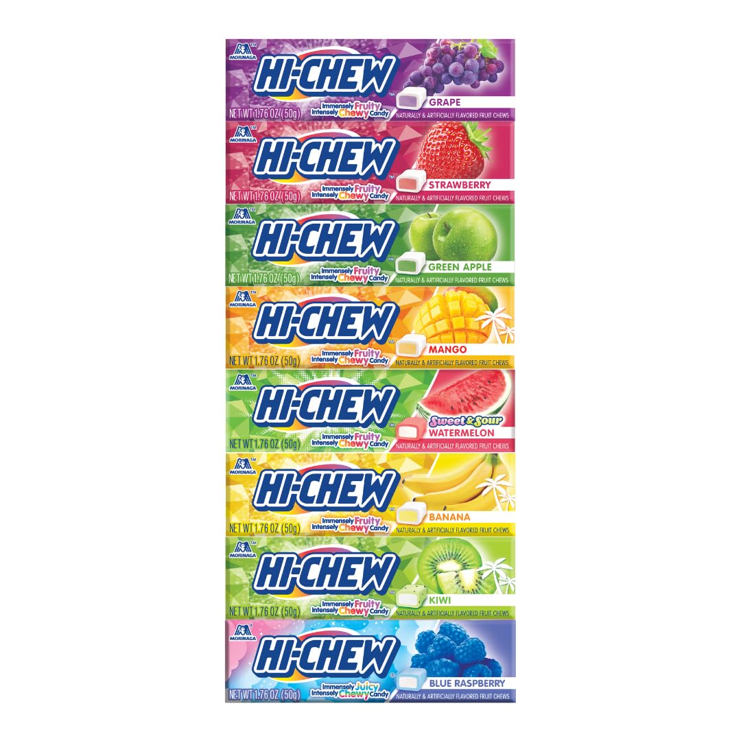 HI-CHEW front packaging showing eight flavor assortment and vibrant colors