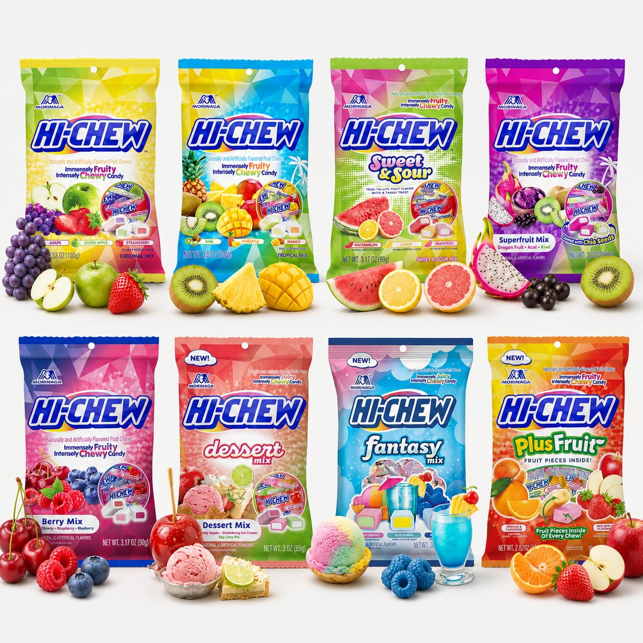 HI-CHEW front packaging showing variety mix and flavor callouts for quick choice