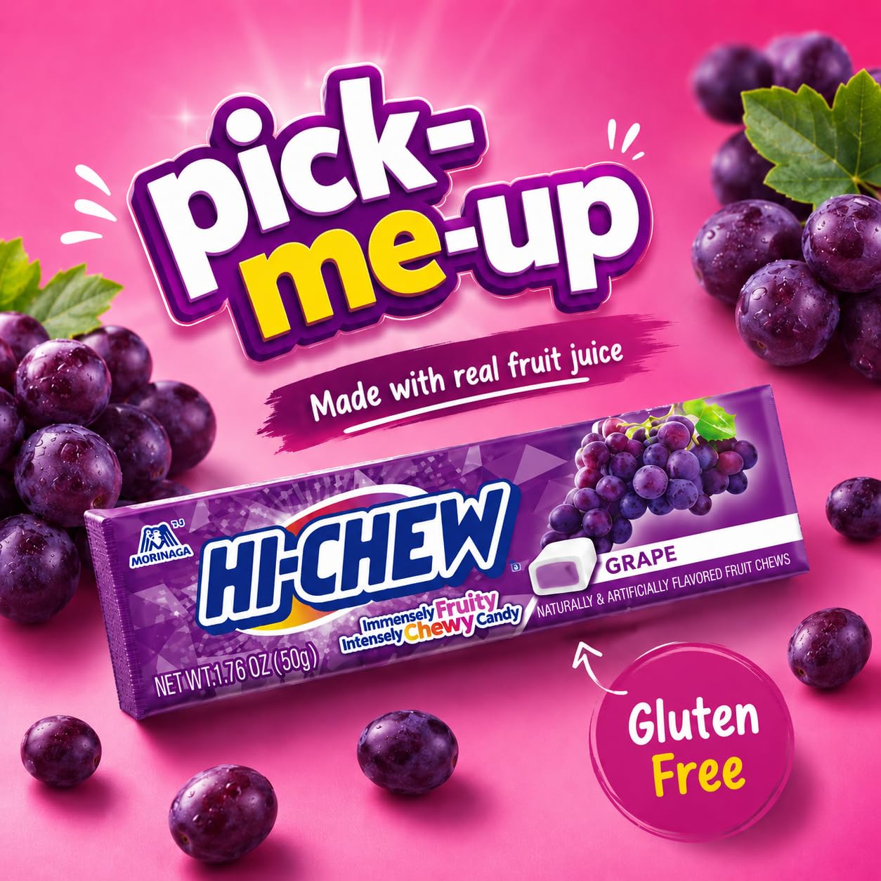 HI-CHEW stick beside a coin showing compact 1.76 oz size for portability