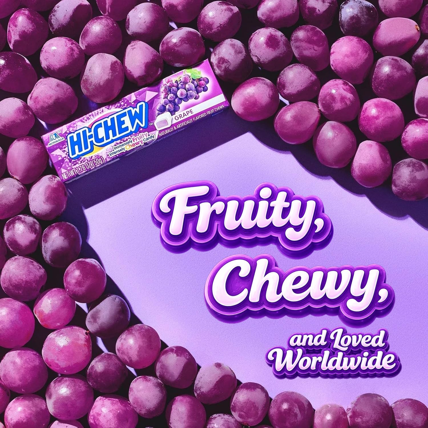 HI-CHEW close-up of chewy texture highlighting stretch and juicy appeal