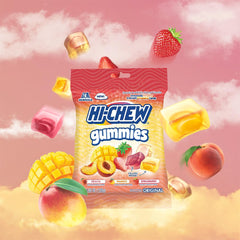 HI-CHEW trio of mango peach strawberry gummies arranged to show flavor variety