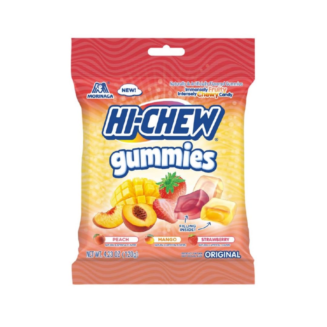 HI-CHEW front pack view showing colorful mango peach strawberry branding and appeal
