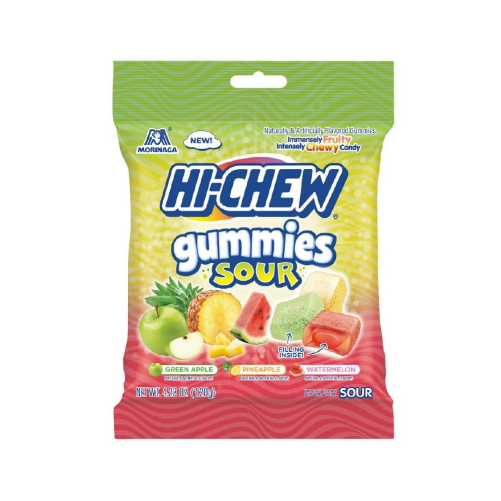 HI-CHEW front packaging bag showing nine 4.23 oz pouches and fruit flavors for convenience