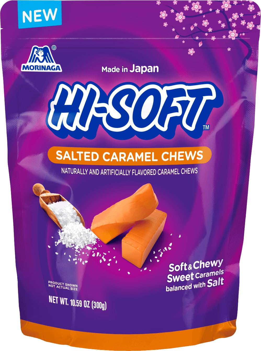 HI-CHEW HI-SOFT front pouch showing salted caramel chews and resealable bag for fresh snacking