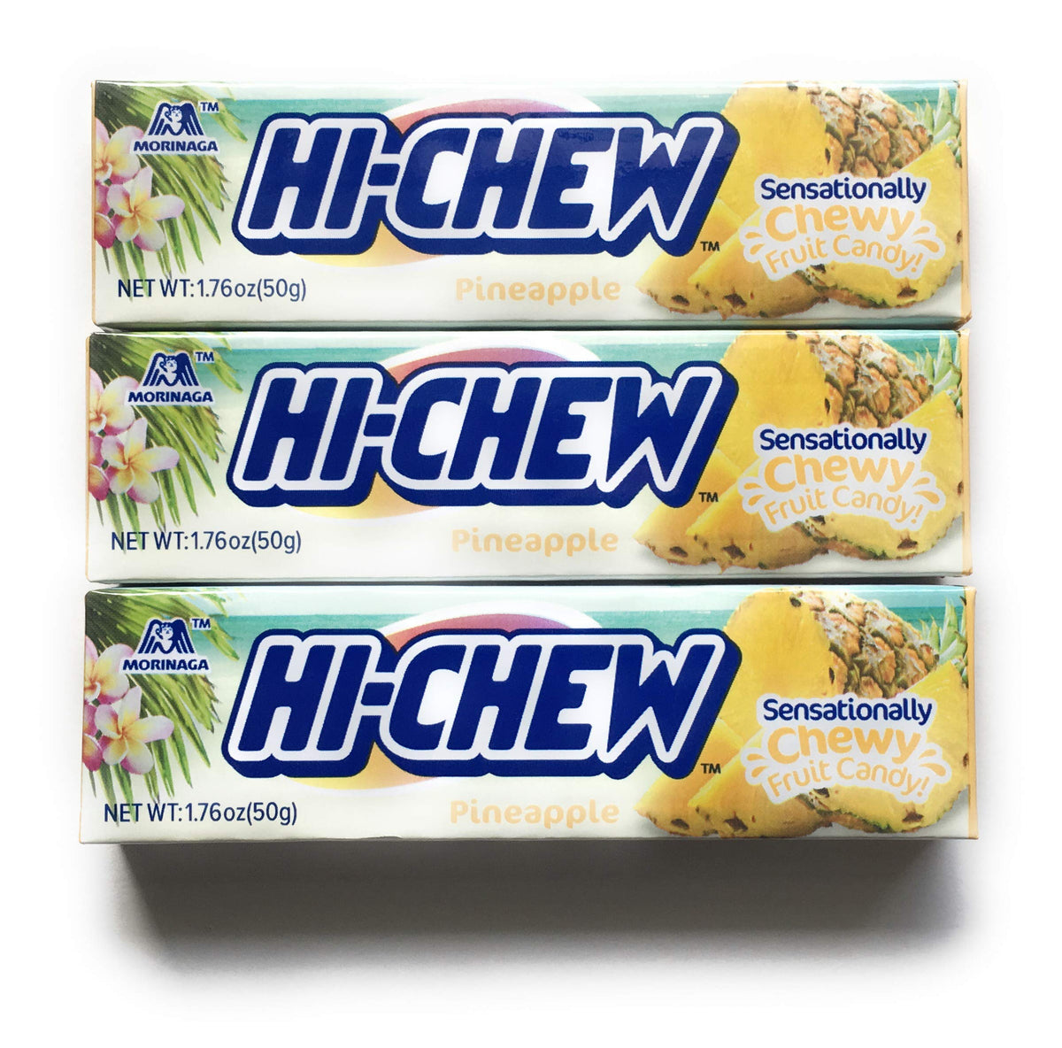HI-CHEW front packaging three-pack showing sleeves and pineapple artwork for fresh portability
