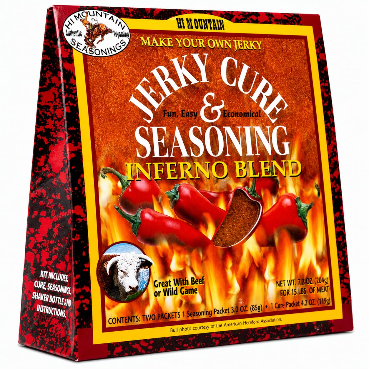 Hi Mountain front packaging showing fiery jerky flavor and kit contents benefit