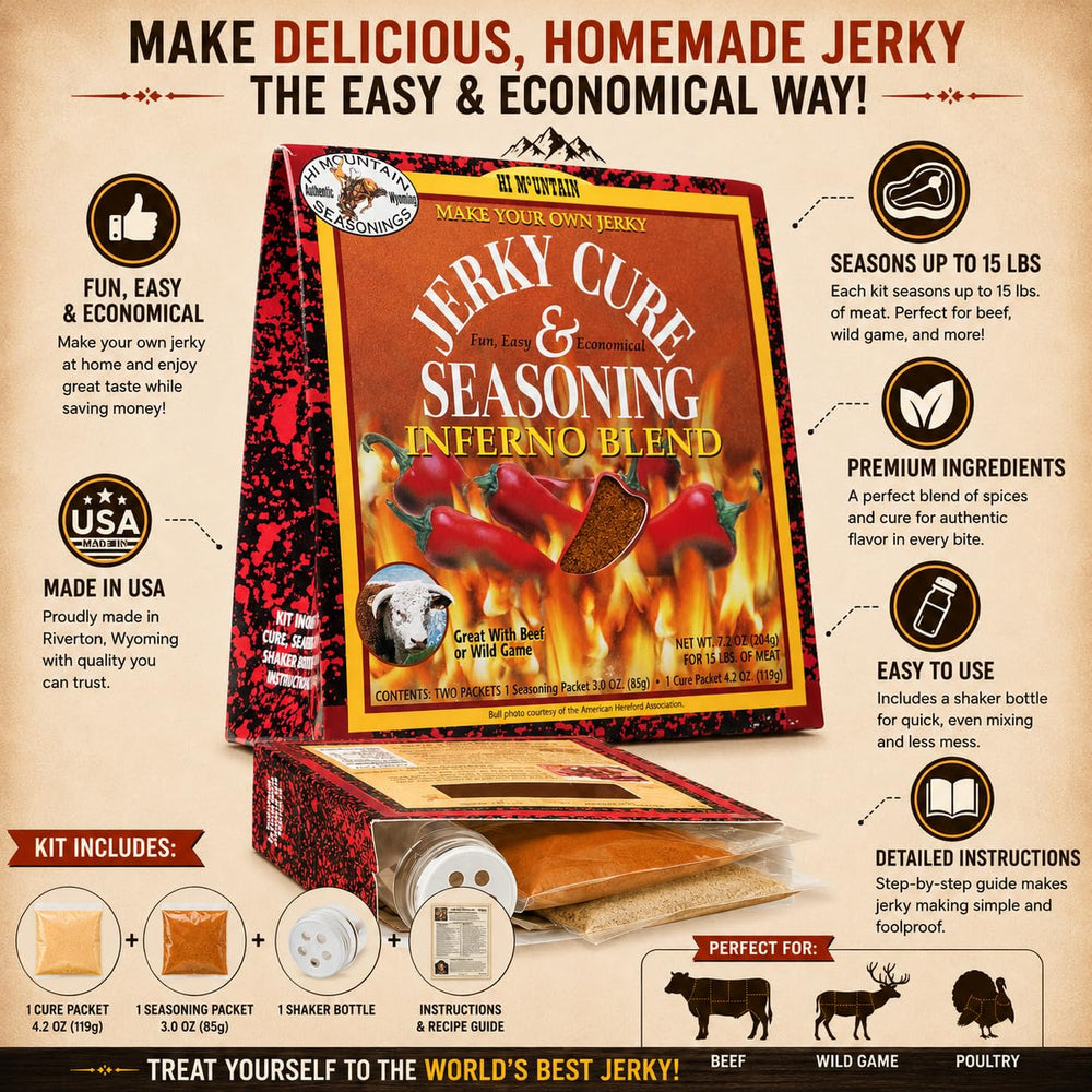 Hi Mountain seasoning and cure packets with shaker bottle for easy mixing benefit