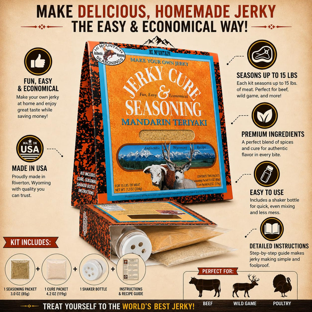 Hi Mountain kit contents displayed with seasoning, cure, shaker and instructions for easy use