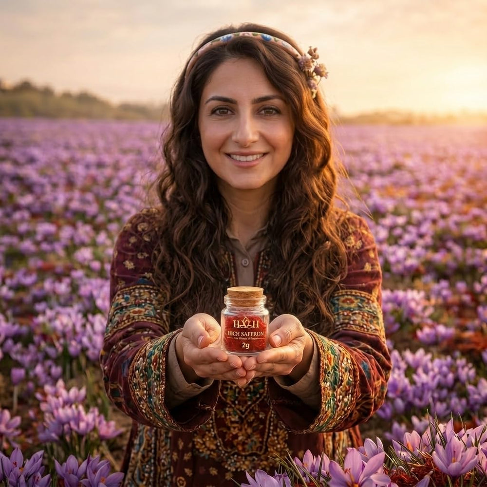HICH SAFFRON jar beside coin for size and quantity comparison