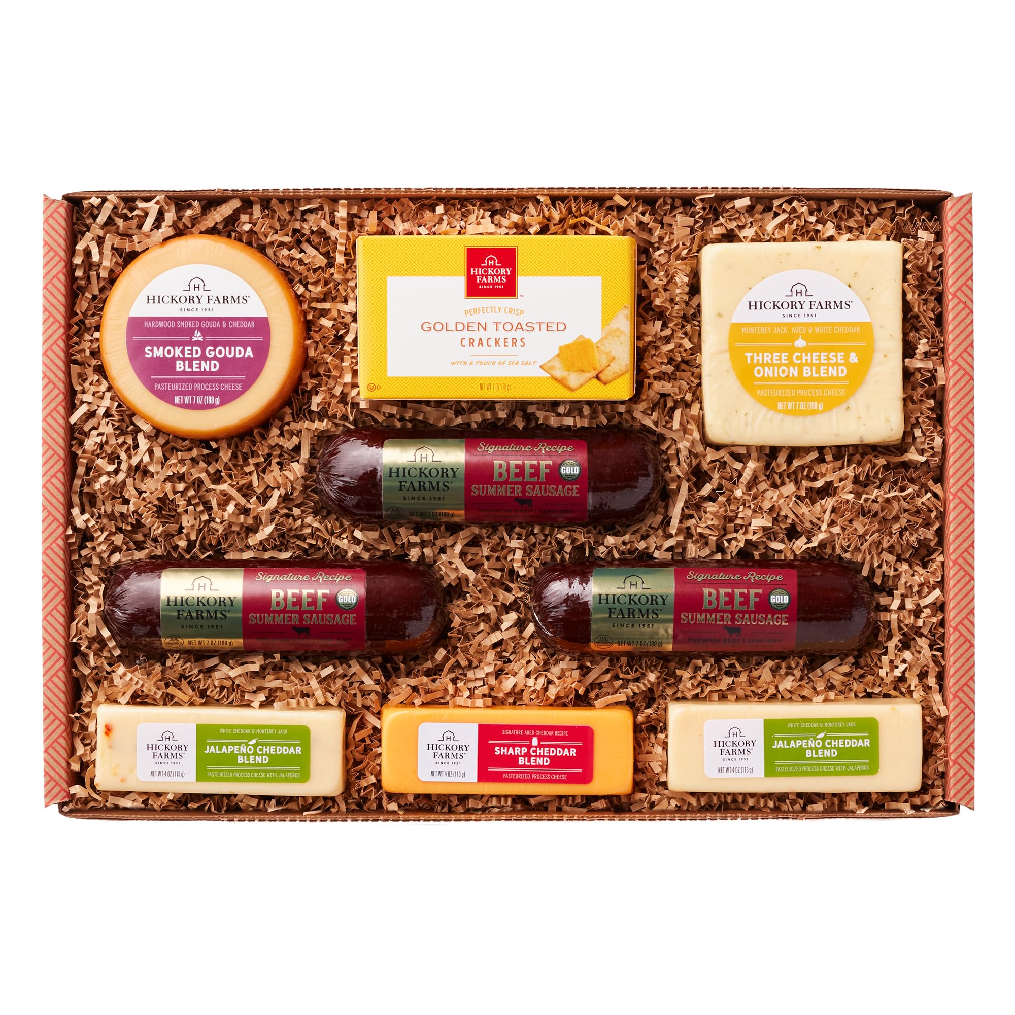 hickory farms boxed gift front showing assorted meats and cheeses, convenient gifting