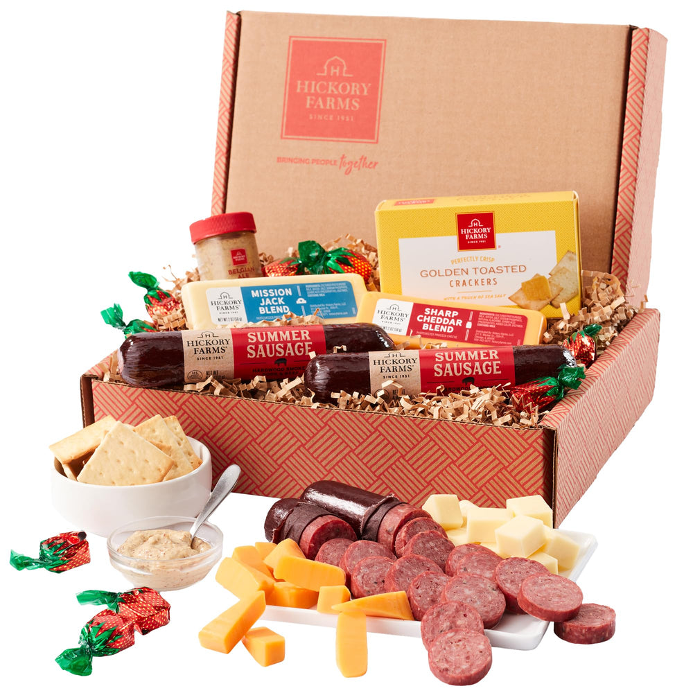 Hickory Farms open box overhead with organized meats and cheeses for quick serving