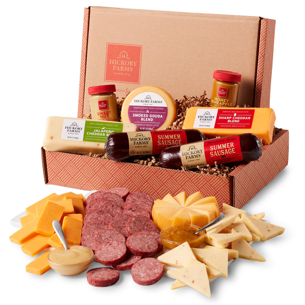 Hickory Farms sliced summer sausage and four cheeses plated for sharing benefit