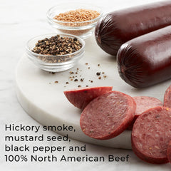 Hickory Farms close-up smoked beef texture highlighting savory flavor and firm bite