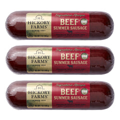 Hickory Farms front packaging showing three 7 oz beef summer sausages and brand