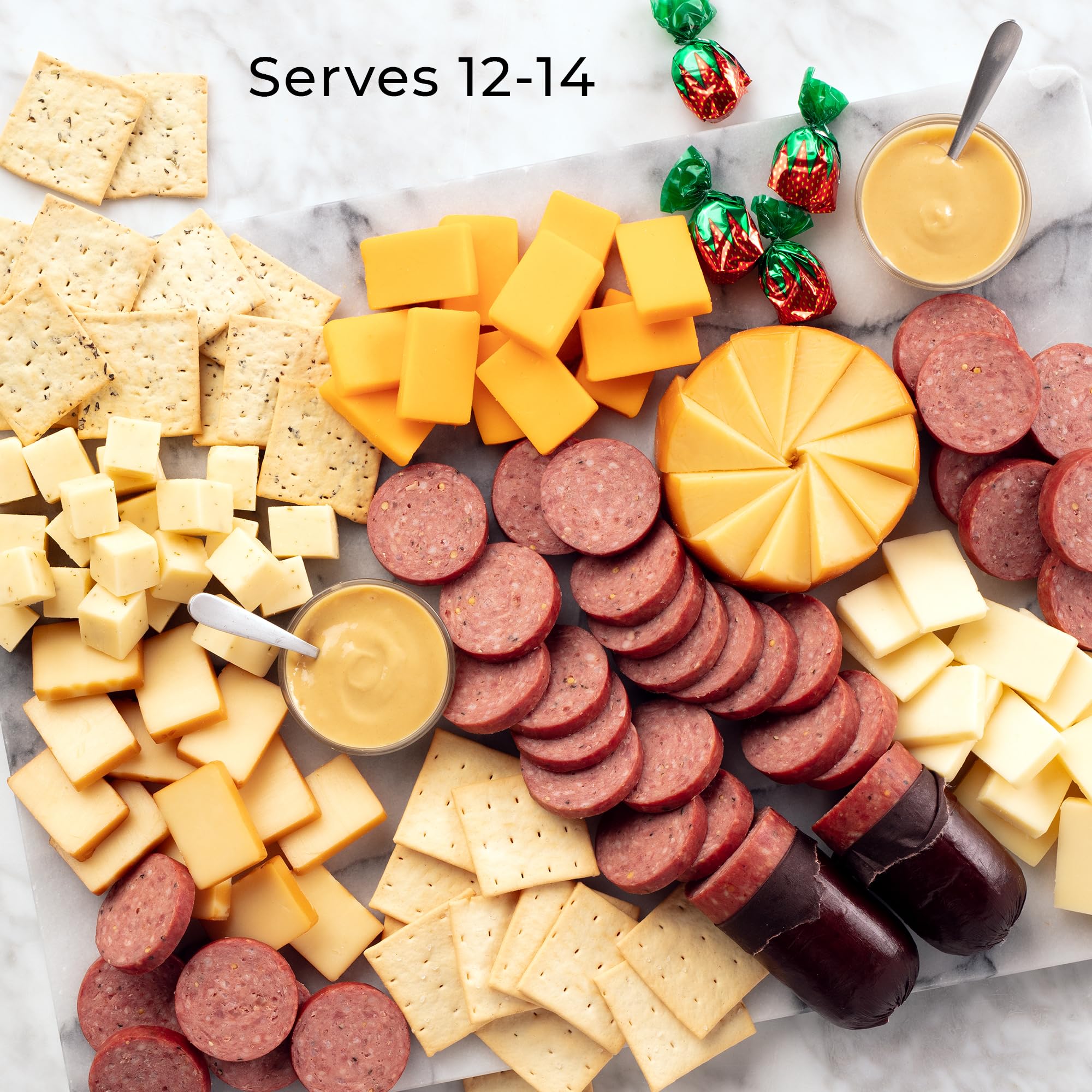 Hickory Farms sliced meats and cheeses on wood board for serving inspiration