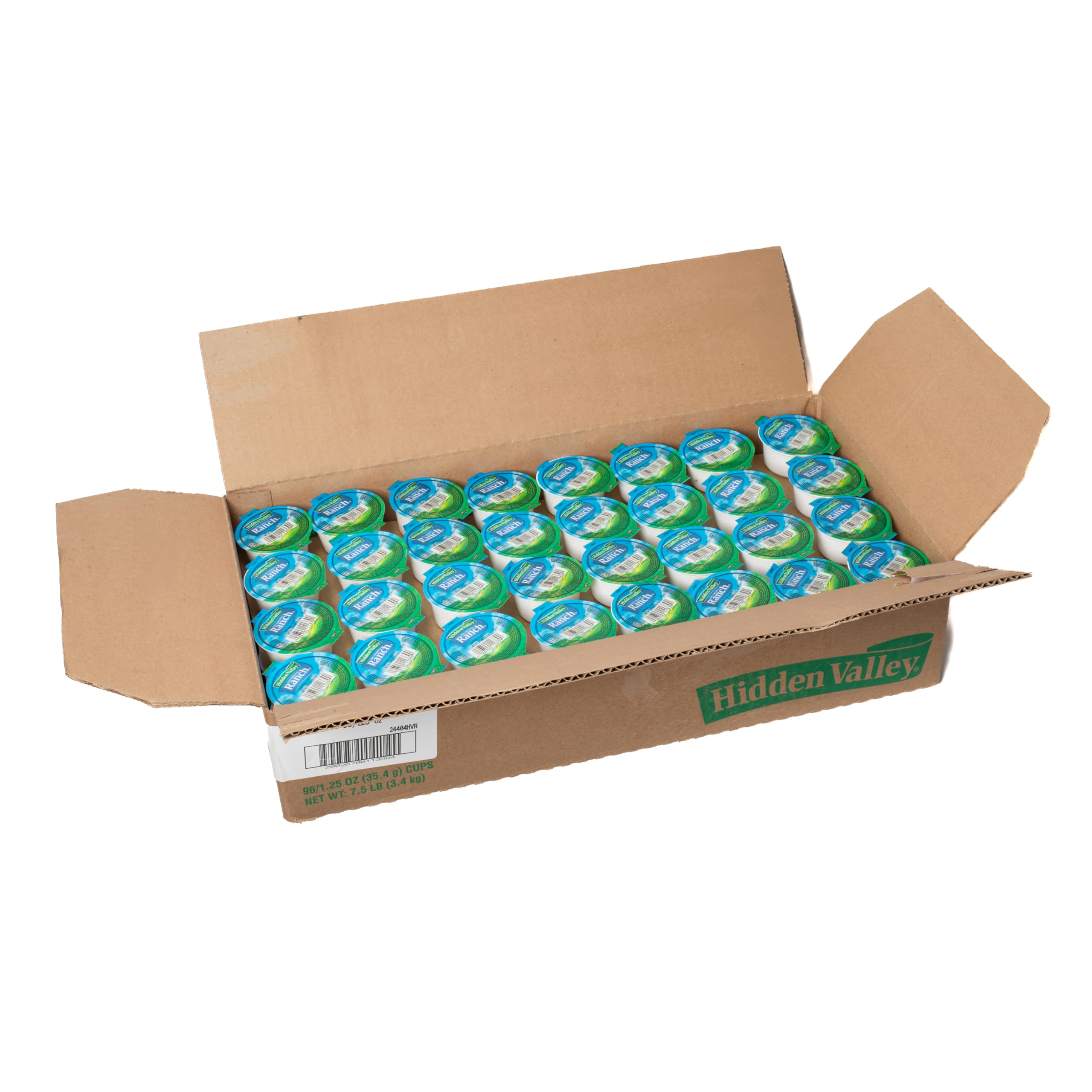 Hidden Valley ranch cups neatly lined in case emphasizing storage efficiency and bulk supply