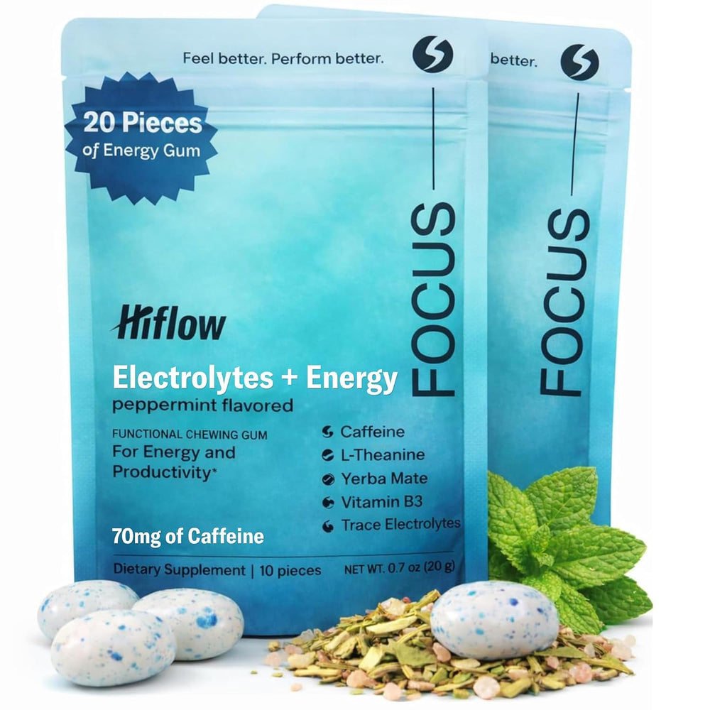 HIFLOW front packaging showing peppermint caffeinated gum for quick energy
