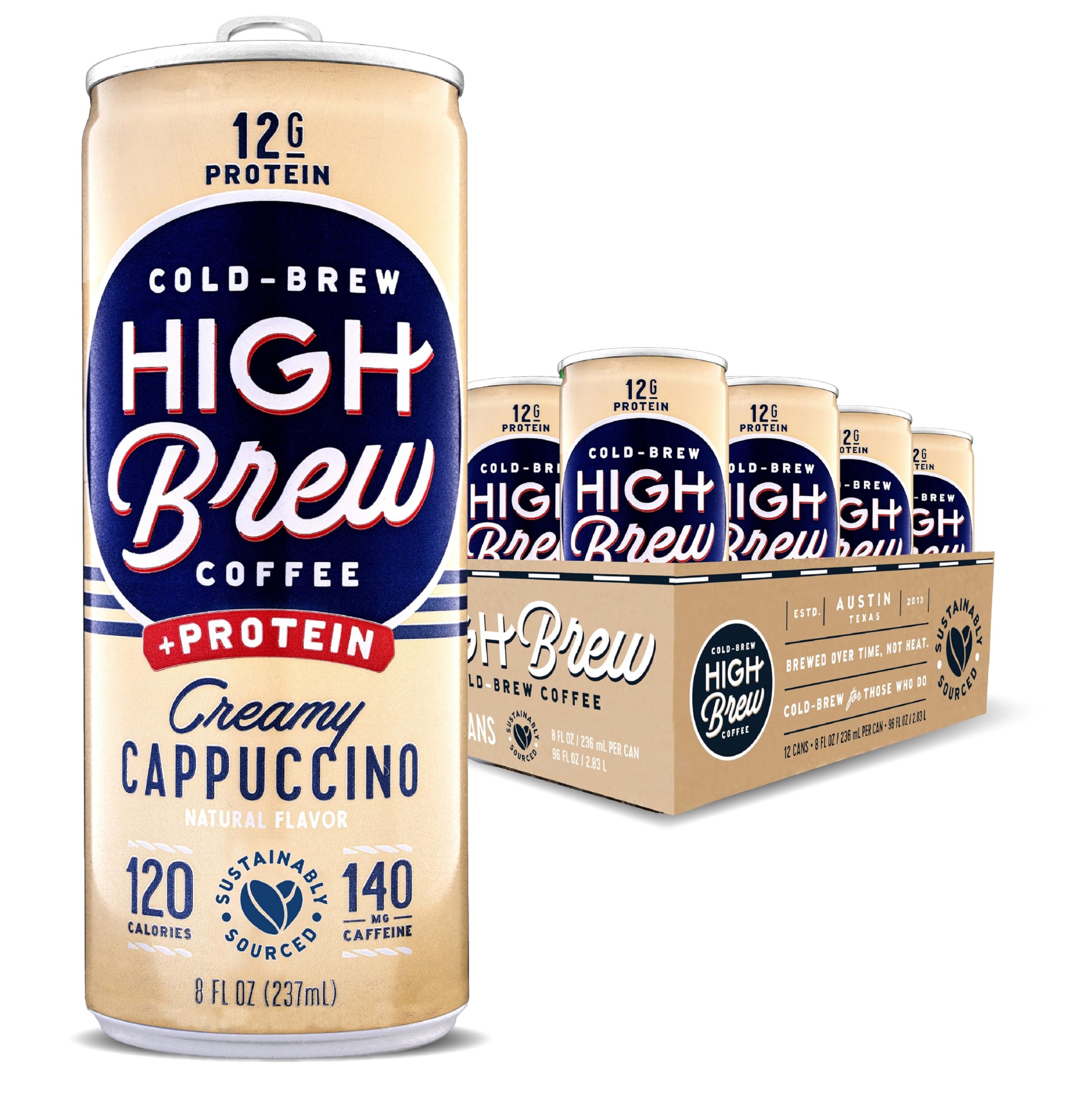 High Brew front can showing creamy cappuccino design and ready-to-drink benefit