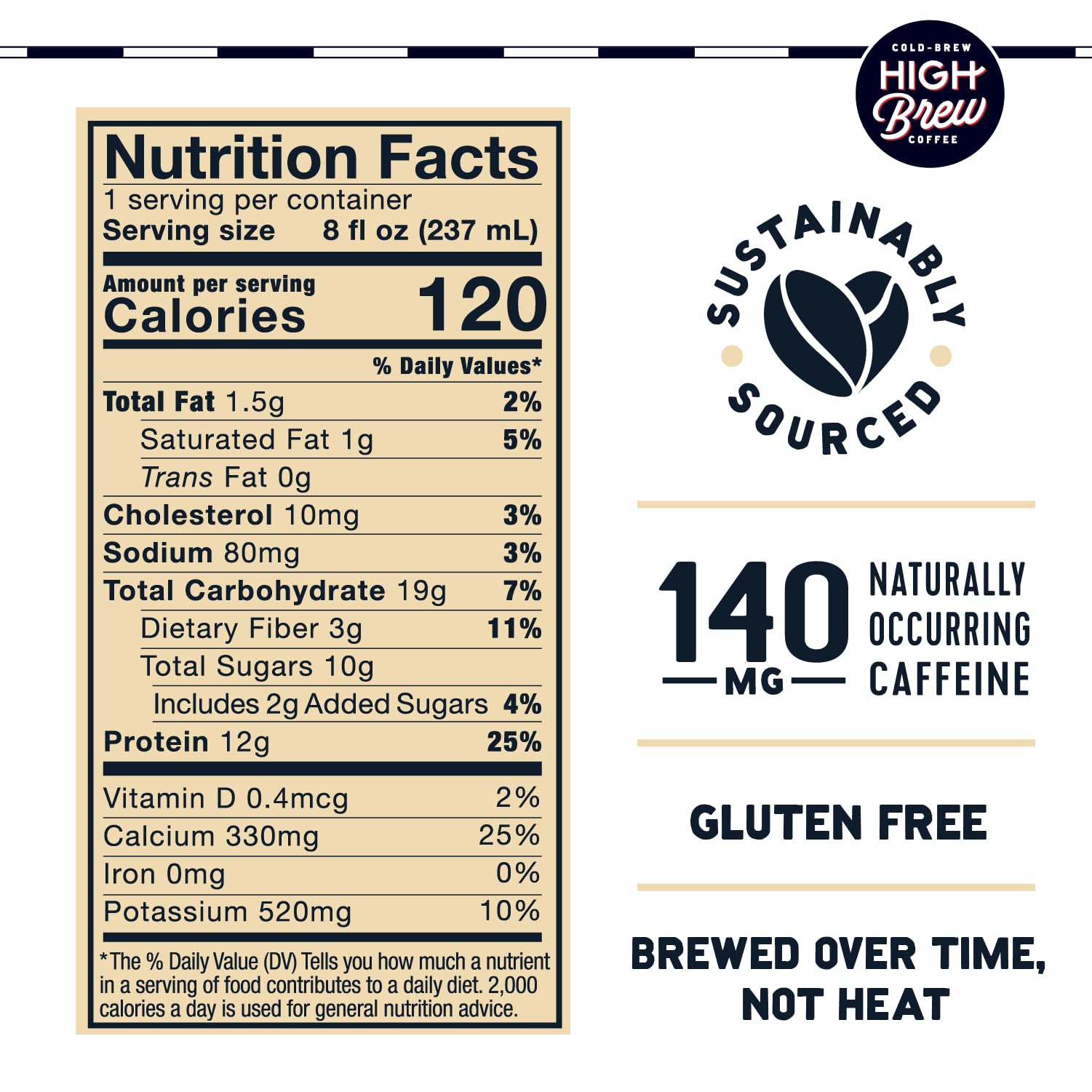 High Brew side label with nutrition facts highlighting protein and caffeine