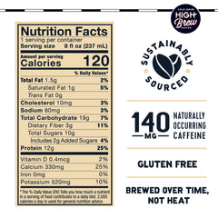 High Brew side label with nutrition facts highlighting protein and caffeine