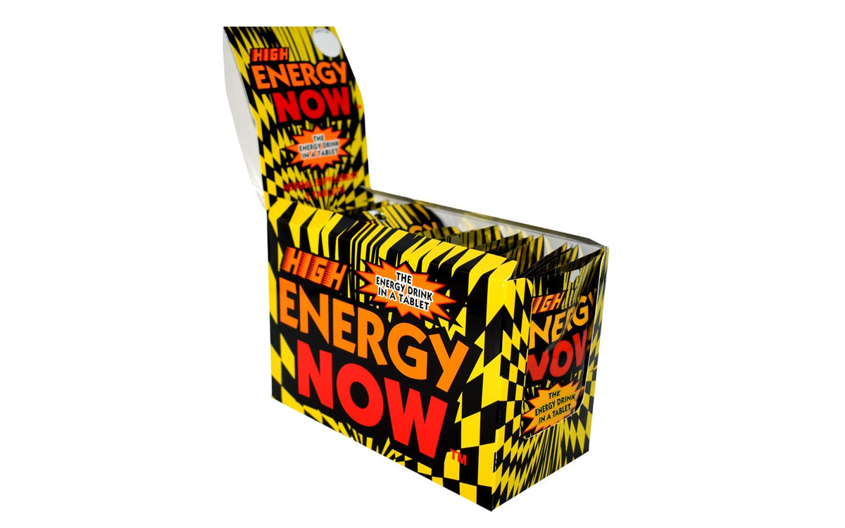 High Energy Now front packaging showing box of 24 pouches and clear branding for easy storage