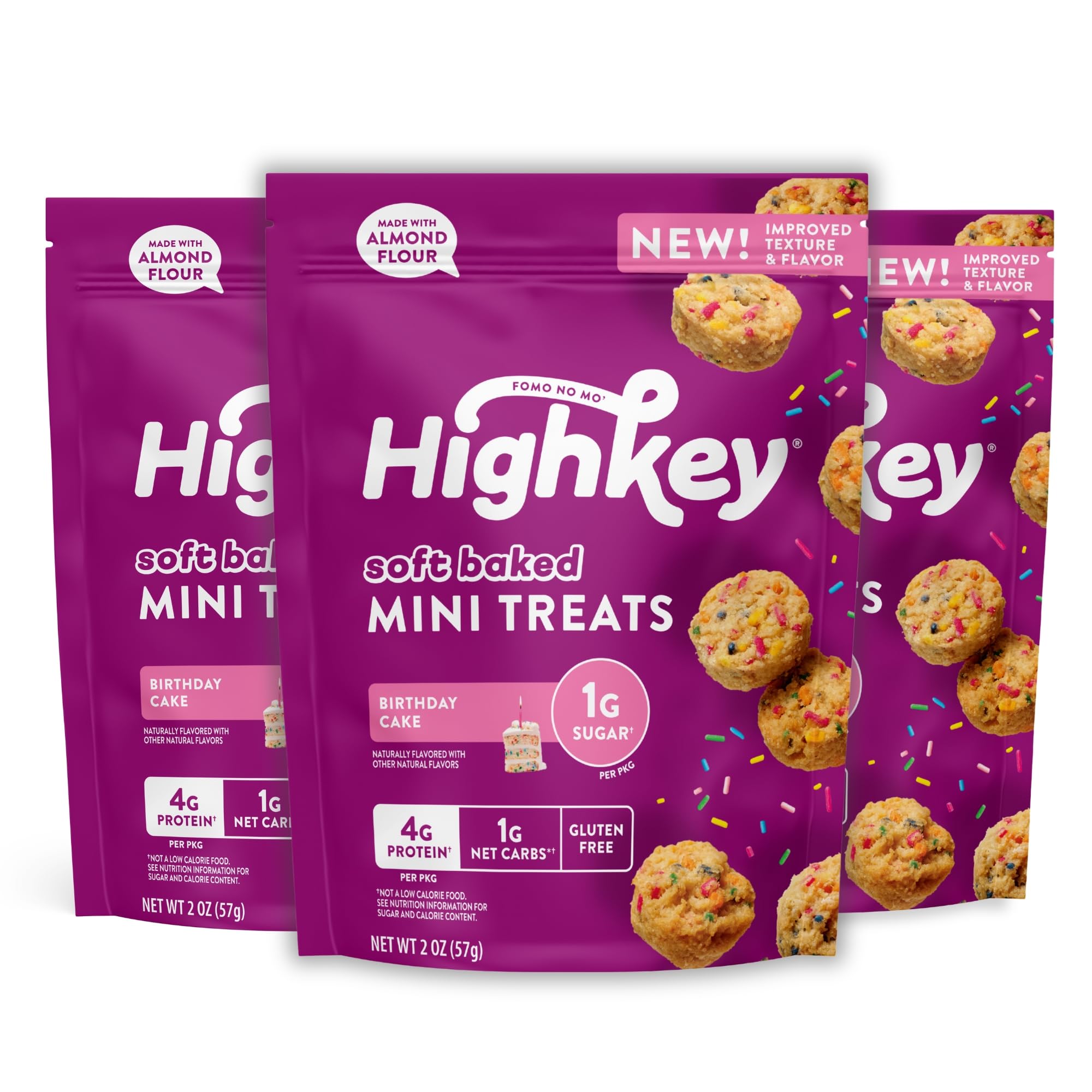 HighKey front packaging showing three 2oz birthday cake mini muffins, clear convenience