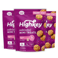 HighKey front packaging showing three 2oz birthday cake mini muffins, clear convenience