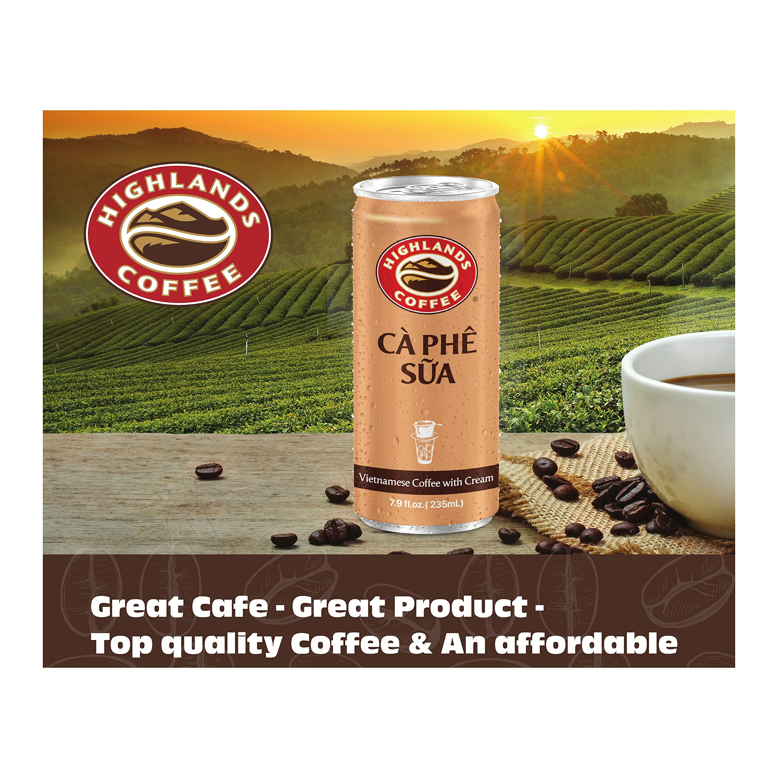 Highlands Coffee can close-up label showing bean blend and condensed milk benefit
